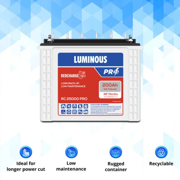 LUMINOUS  TUBULAR BATTERY - TALL TYPE - RC 25000 PRO - 200 AH - Image 2